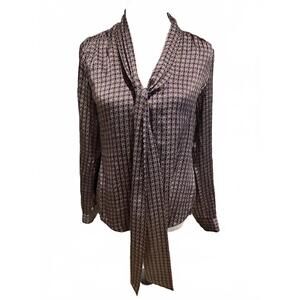 C Wonder Silk Blouse Navy Red White Geometric Classic Office Size Small